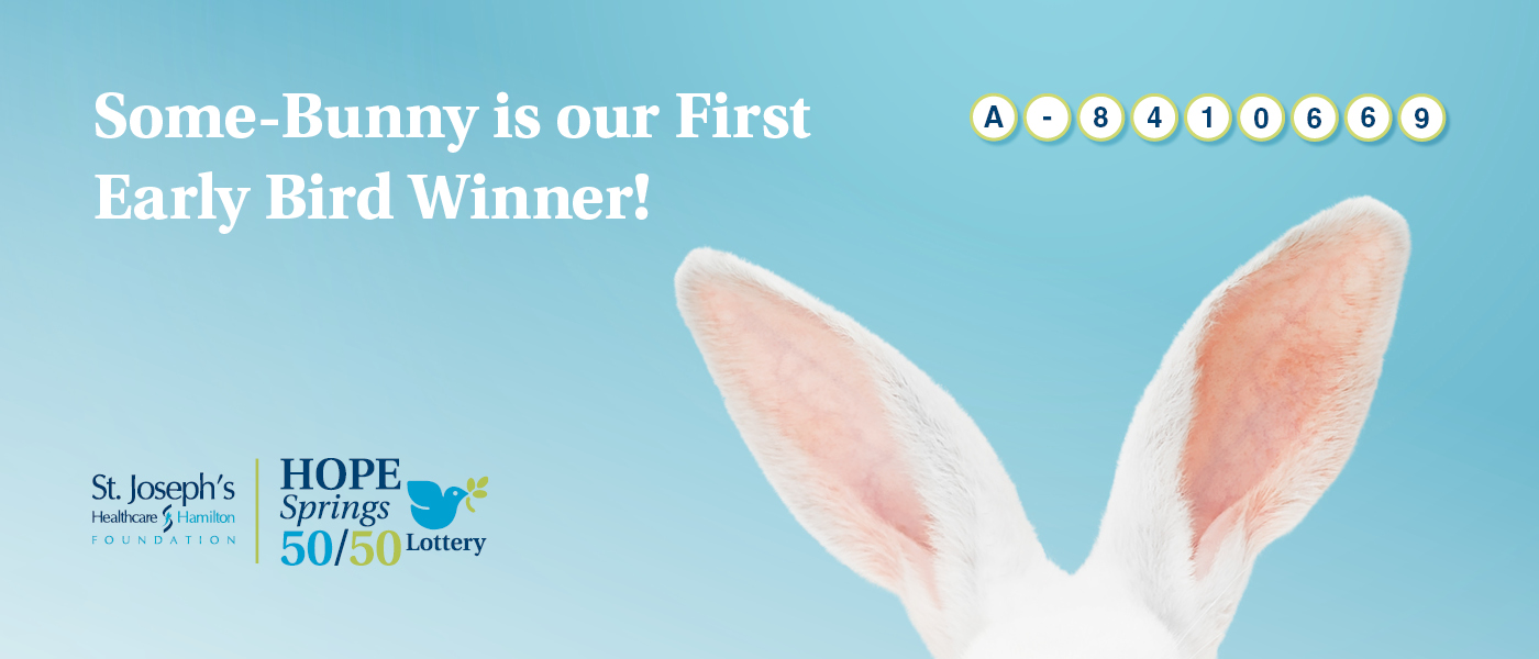 Bunny ears in the bottom-right corner with the heading "Some-Bunny is our First Early Bird Winner!" The winning ticket number appears in the top-right corner: A-8410669.